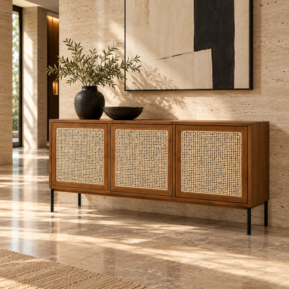 Cane Wooden Sideboard with Metal Legs in warm brown finish – lifestyle setting