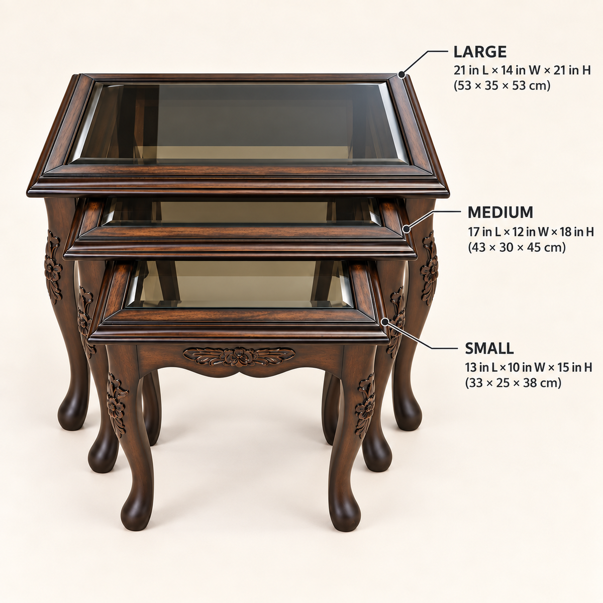 Carved Glass-Top Nesting Tables – Set of 3 dimensions and measurements