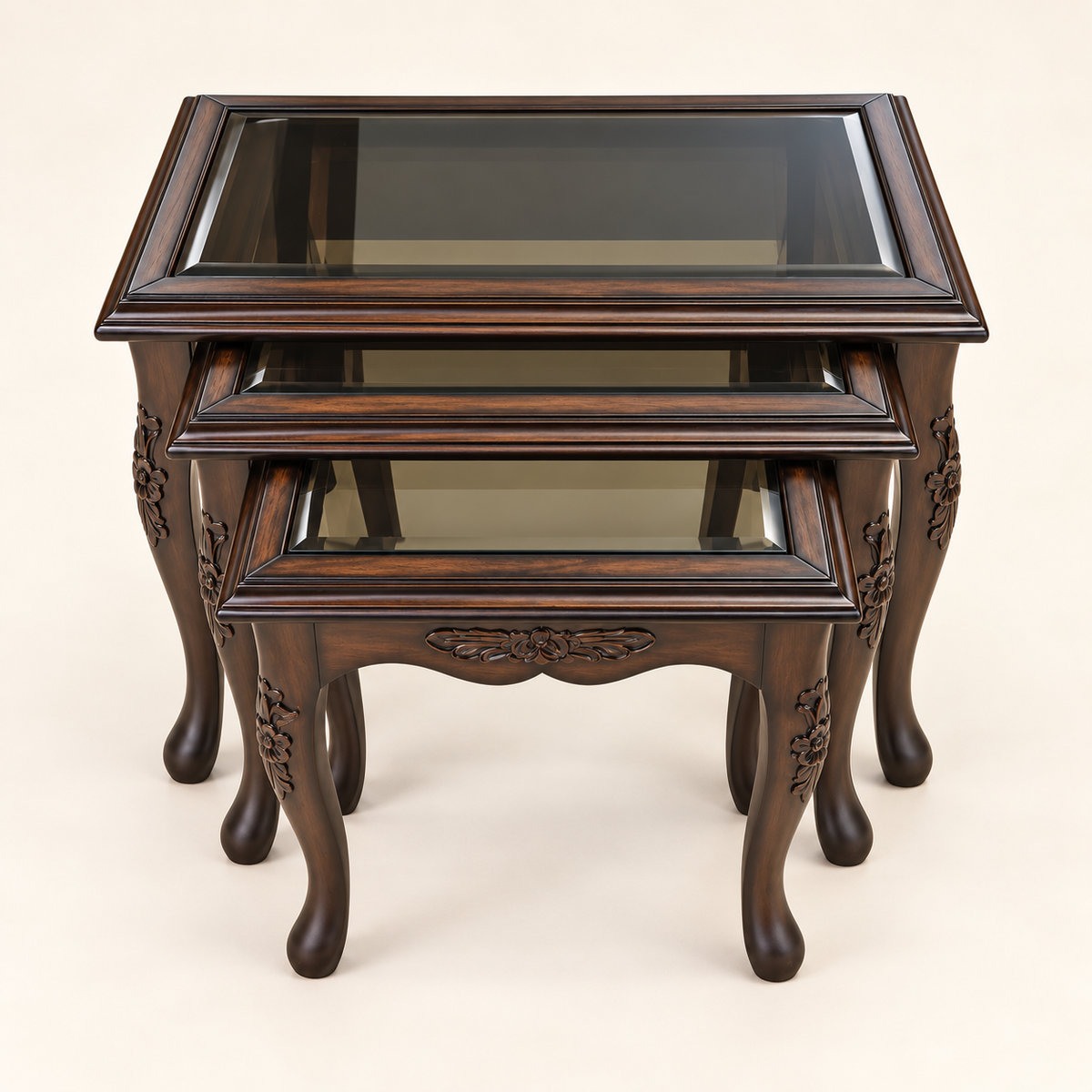 Carved Glass-Top Nesting Tables – Set of 3 front studio view