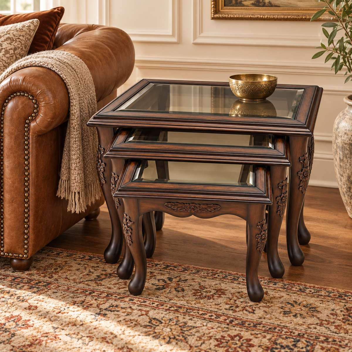 Carved Glass-Top Nesting Tables – Set of 3 styled in a home interior
