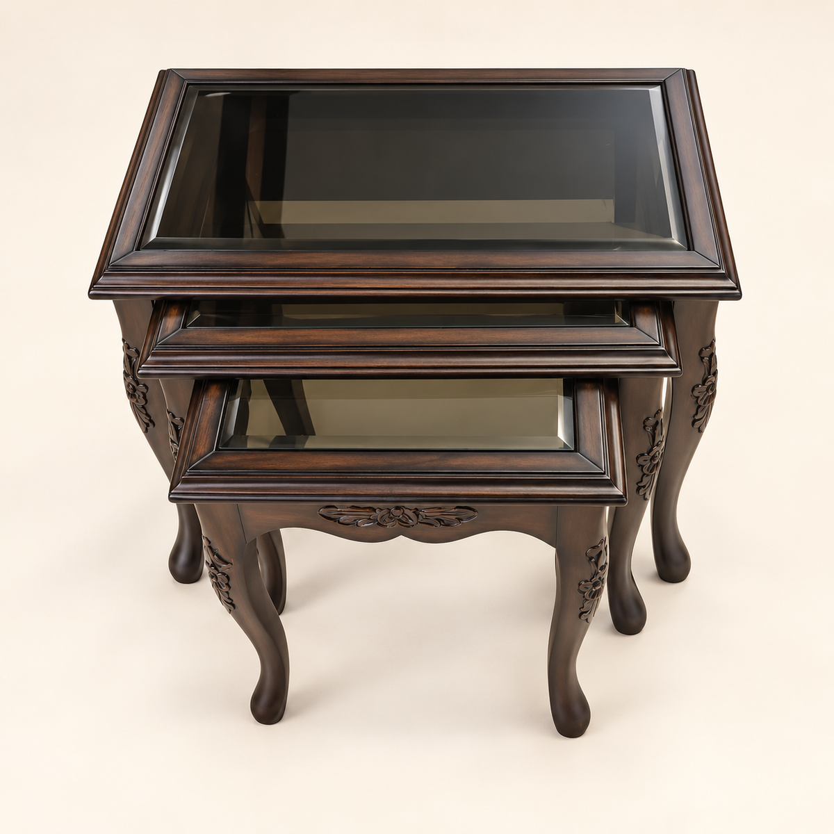 Carved Glass-Top Nesting Tables – Set of 3 side studio view