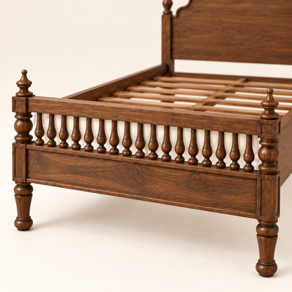 Carved Poster Wooden Bed in teak wood — close-up of footboard