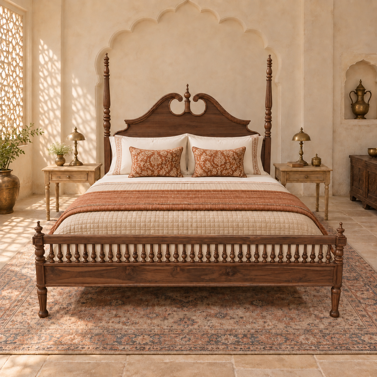 Carved Poster Wooden Bed in teak wood — front view styled in bedroom