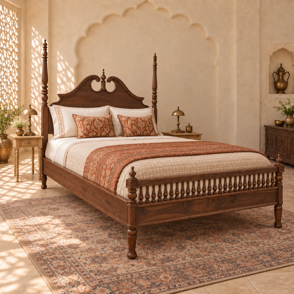 Carved Poster Wooden Bed in teak wood — side view styled in bedroom