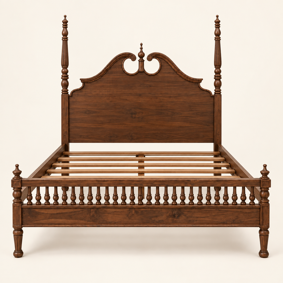 Carved Poster Wooden Bed in teak wood — front studio view of bare frame