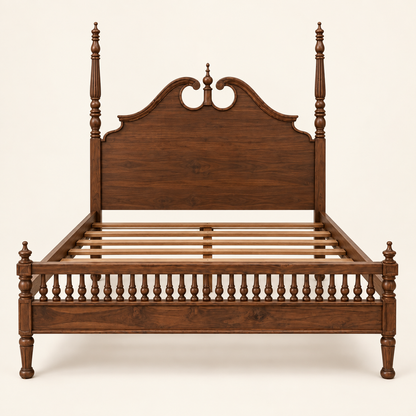 Carved Poster Wooden Bed in teak wood — front studio view of bare frame