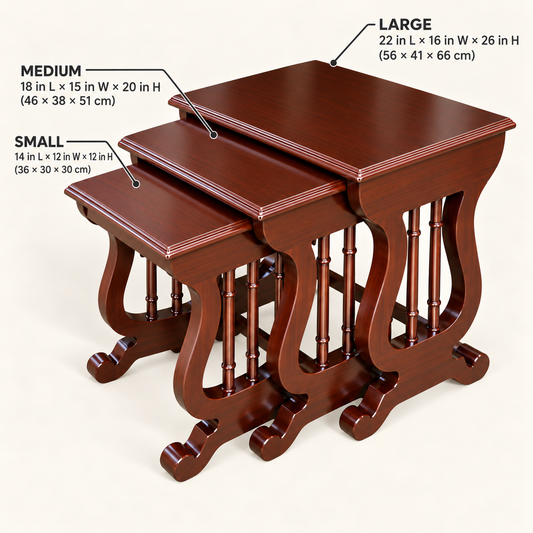 Carved Teak Lyre-Frame Nesting Tables – Set of 3 dimensions and measurements