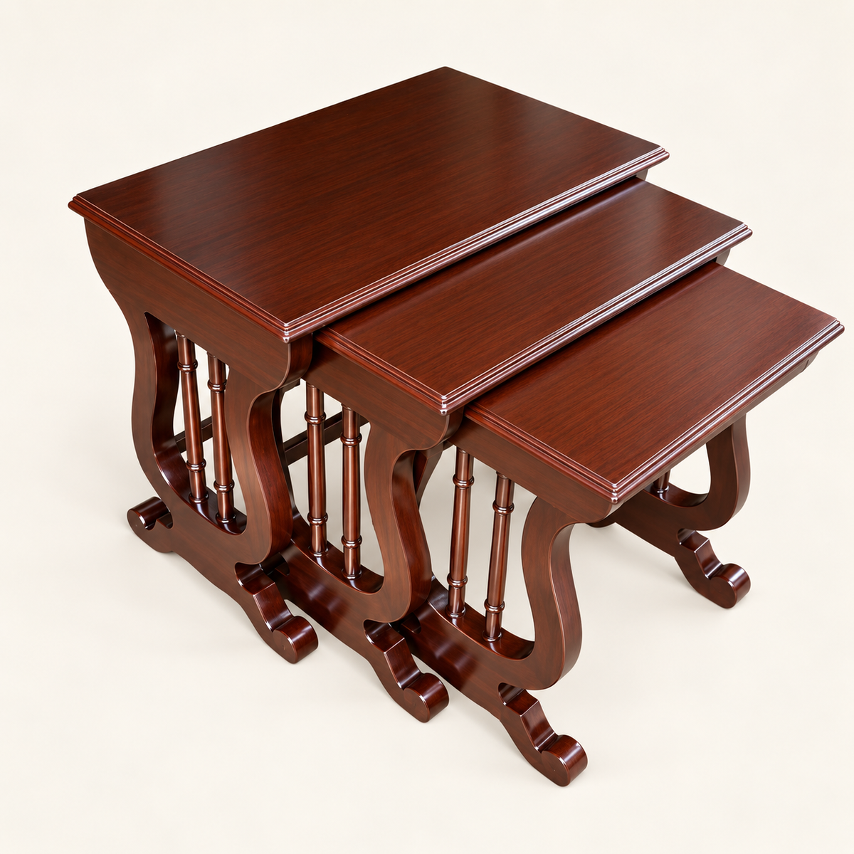 Carved Teak Lyre-Frame Nesting Tables – Set of 3 front studio view