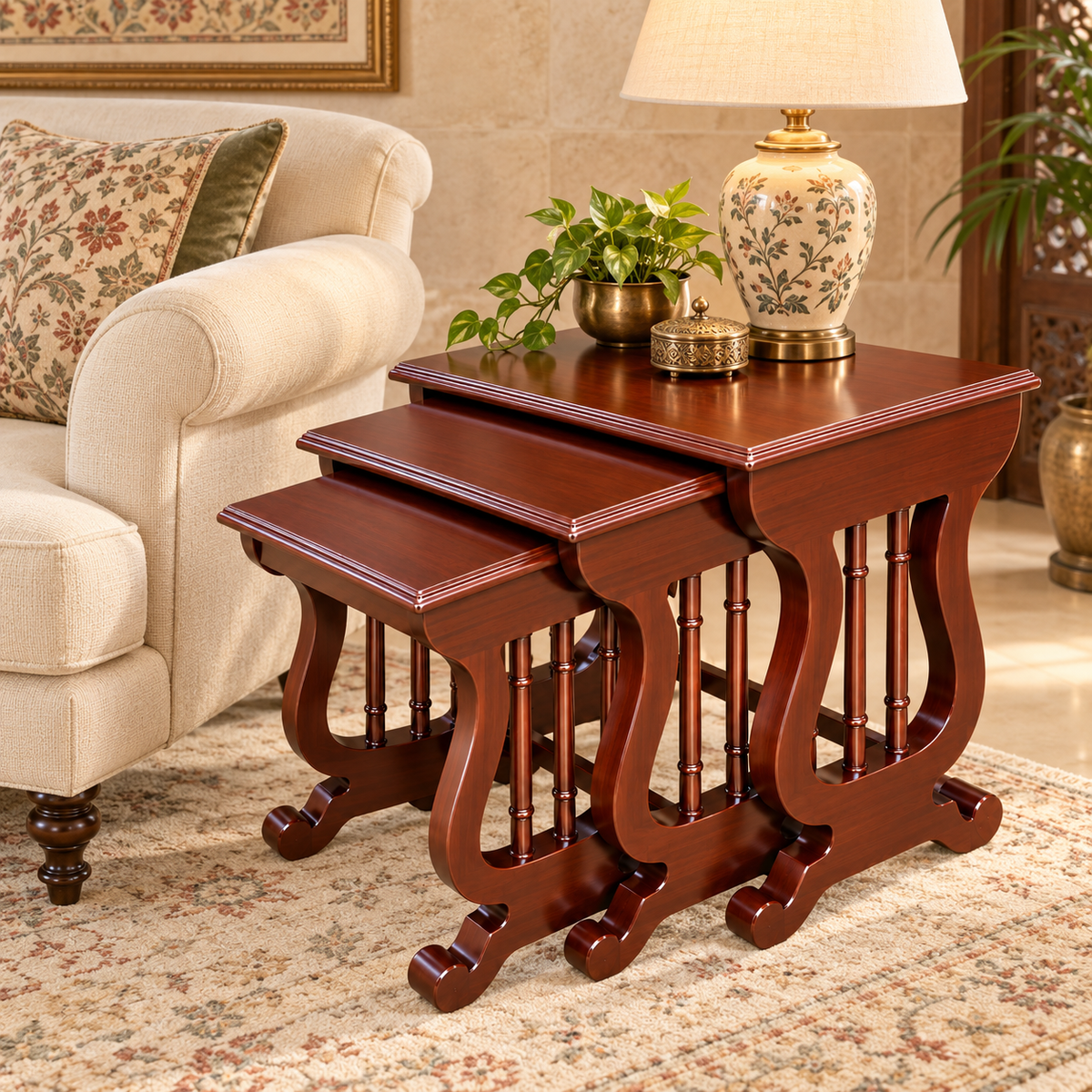 Carved Teak Lyre-Frame Nesting Tables – Set of 3 styled in a home interior
