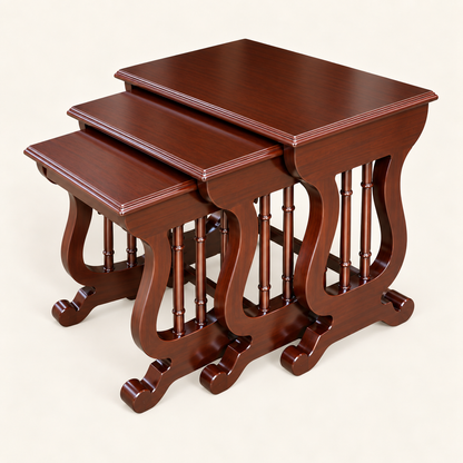 Carved Teak Lyre-Frame Nesting Tables – Set of 3 side studio view