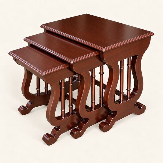 Carved Teak Lyre-Frame Nesting Tables – Set of 3 side studio view