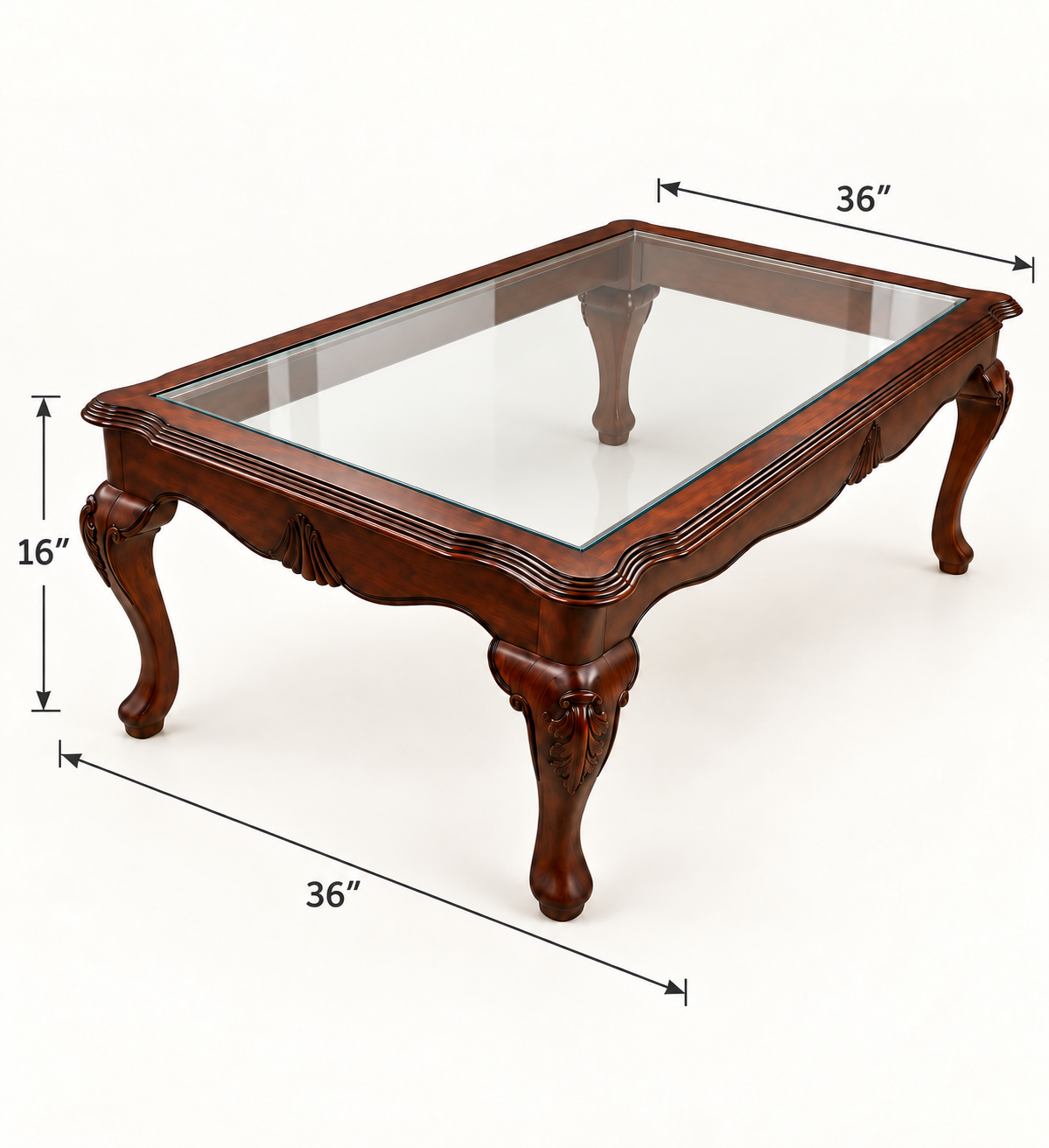 A dark brown wooden coffee table with a clear glass top and ornate cabriole-style legs, shown with dimension lines and labels indicating 36 inches by 36 inches by 16 inches on a plain white background.