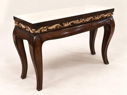 Large Carved Teak Wood Console Table — front studio view