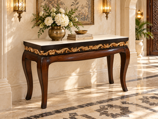 Large Carved Teak Wood Console Table — styled room