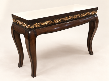 Large Carved Teak Wood Console Table — side studio view