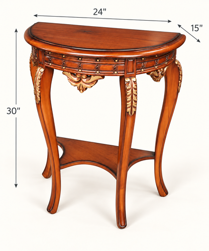 A brown wooden console table with ornate carved details and curved legs, shown with dimension arrows indicating 24 inches wide, 15 inches deep, and 30 inches tall on a white background.