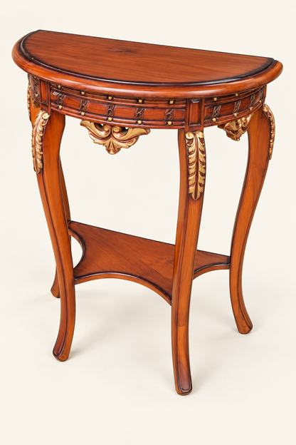 Small Carved Teak Wood Console Table — side studio view