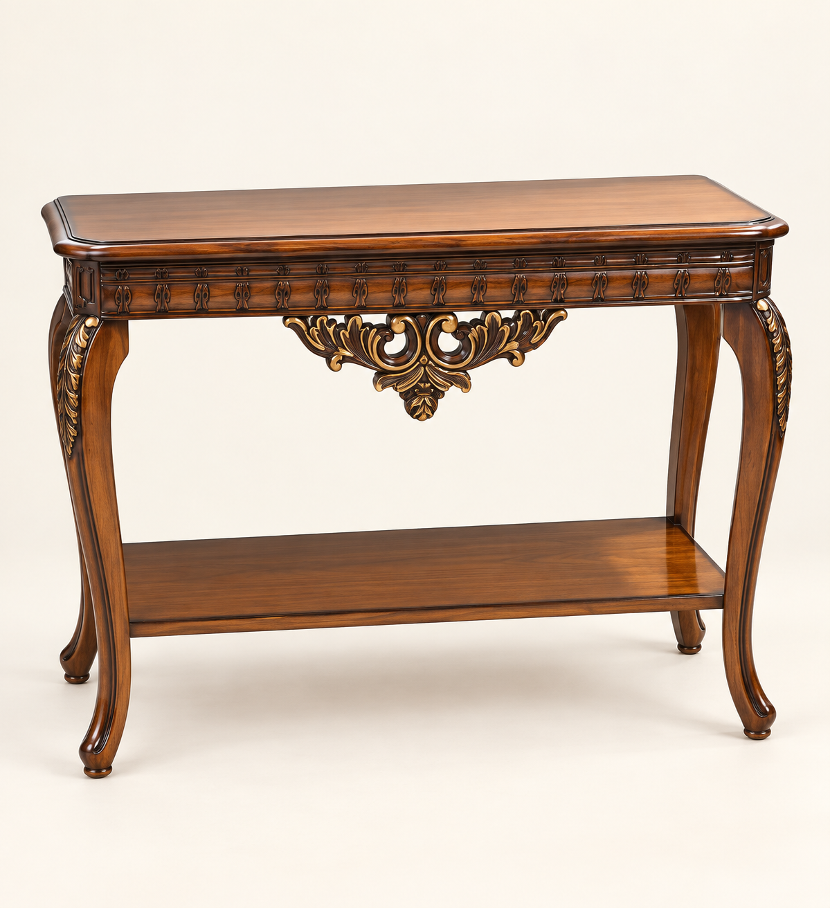 Small Carved Teak Wood Console Table — front studio view