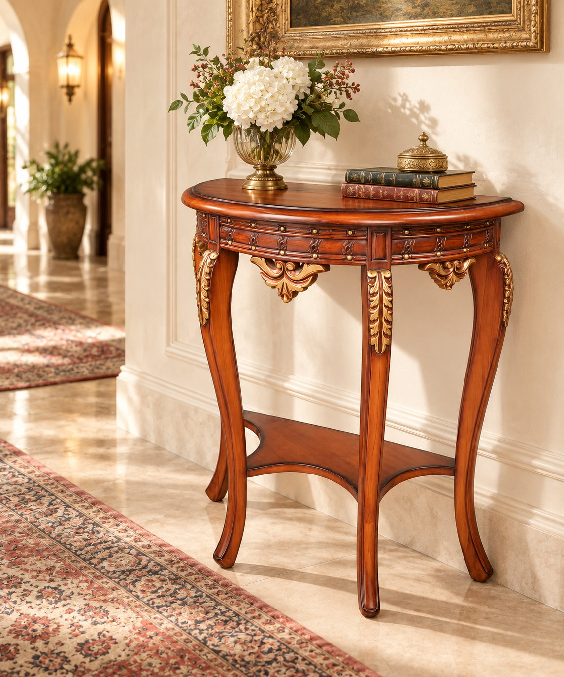Small Carved Teak Wood Console Table — styled room