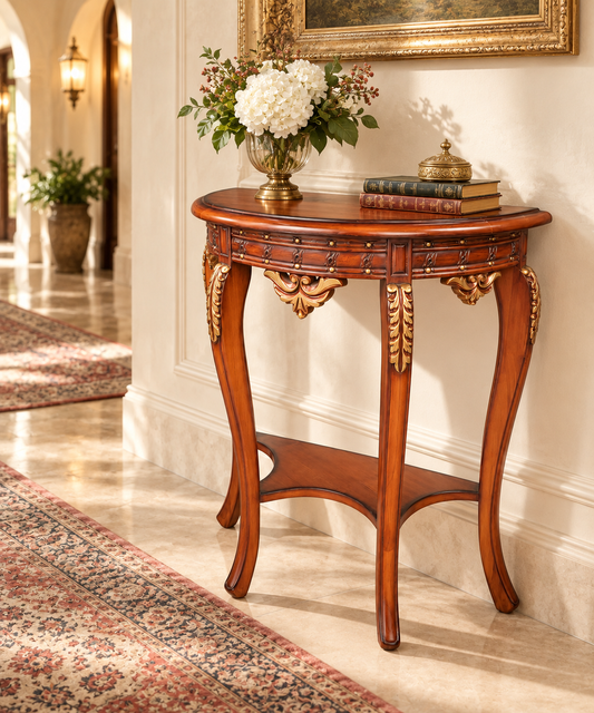 Small Carved Teak Wood Console Table — styled room