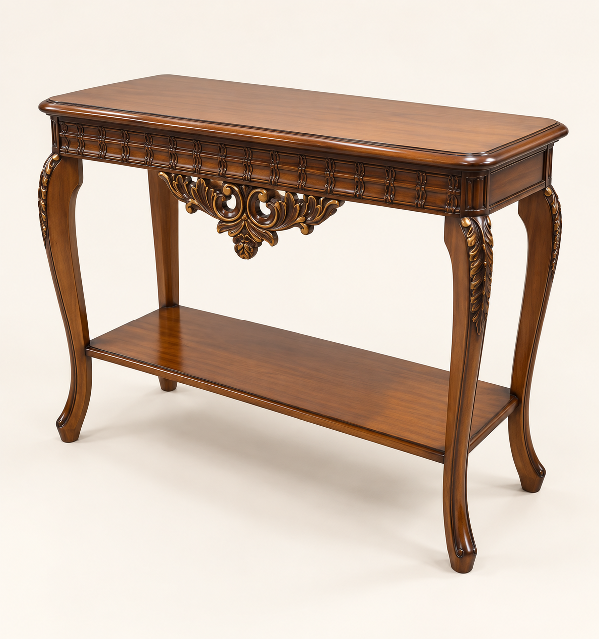 Small Carved Teak Wood Console Table — side studio view