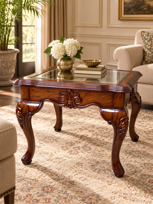 Carved Teak Wood Side Table Without Glass — styled room