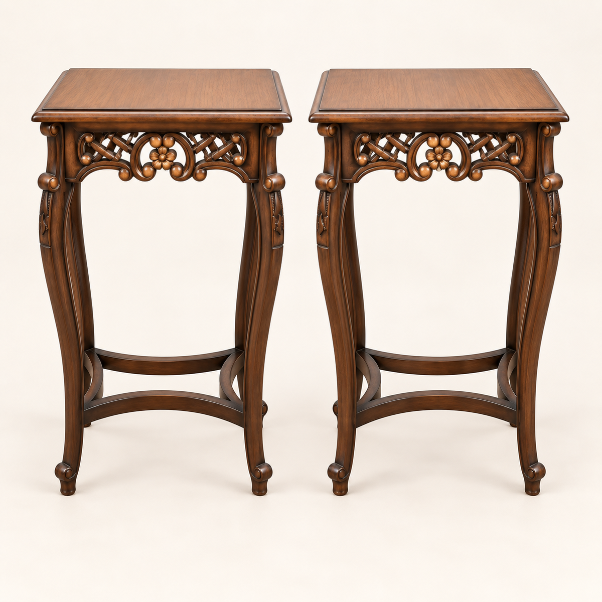 Carved Wooden Pedestal Table in Dark Walnut Finish front studio view