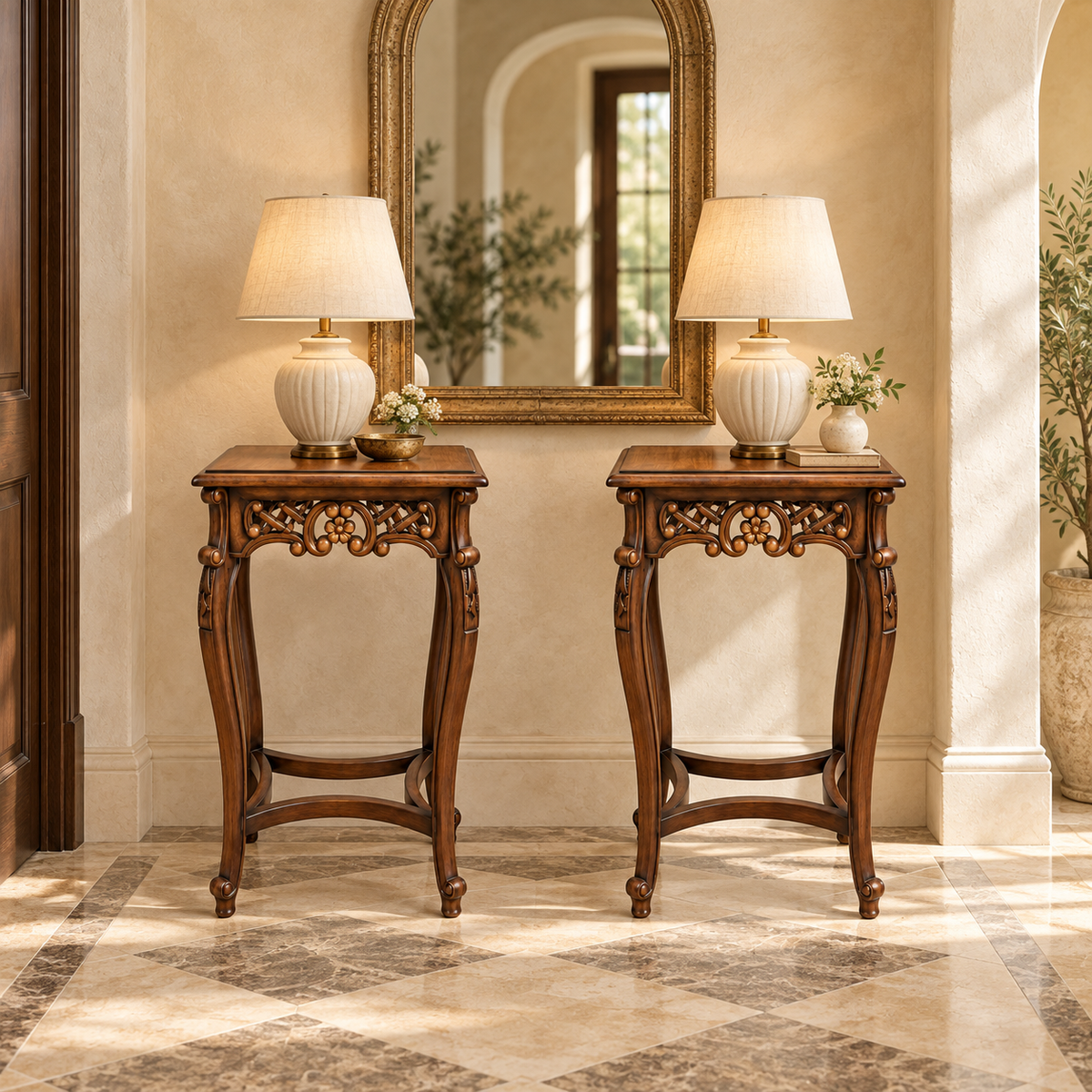 Carved Wooden Pedestal Table in Dark Walnut Finish styled in a home interior