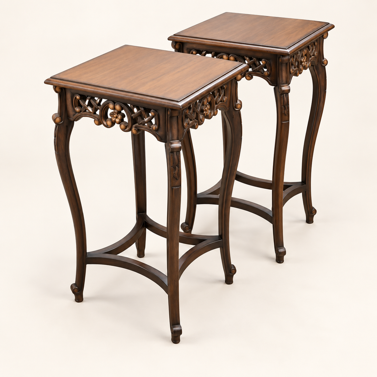Carved Wooden Pedestal Table in Dark Walnut Finish side studio view