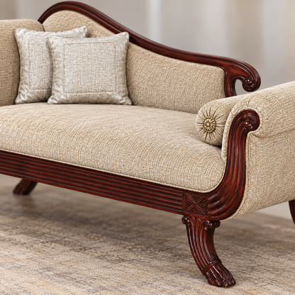 Champagne Beige Carved Teak Wood Couch — upholstery and wooden detail close-up