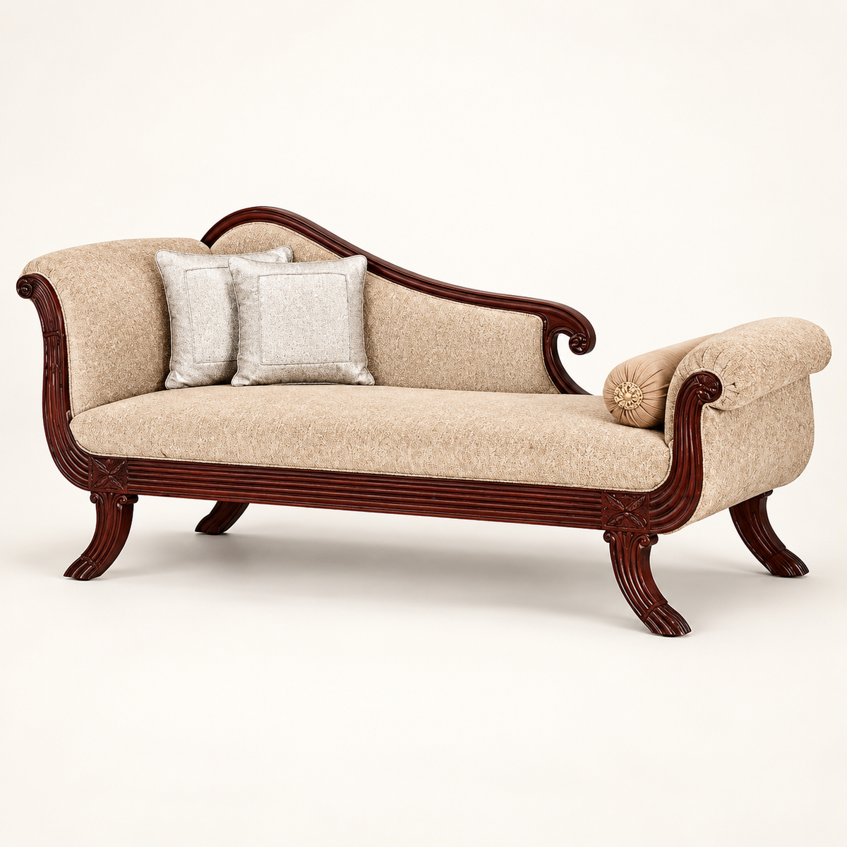 Champagne Beige Carved Teak Wood Couch — front studio view