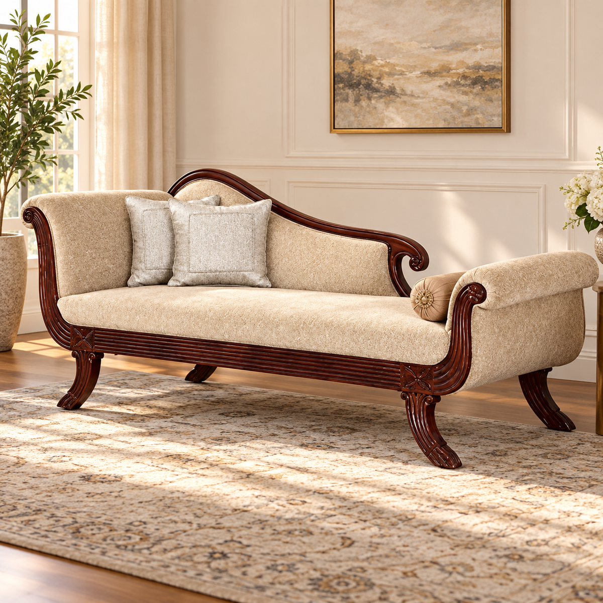 Champagne Beige Carved Teak Wood Couch — in a styled living room