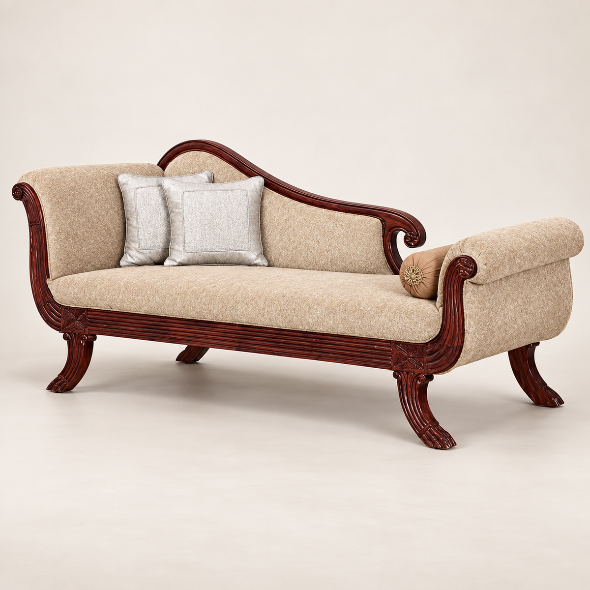 Champagne Beige Carved Teak Wood Couch — angled side view