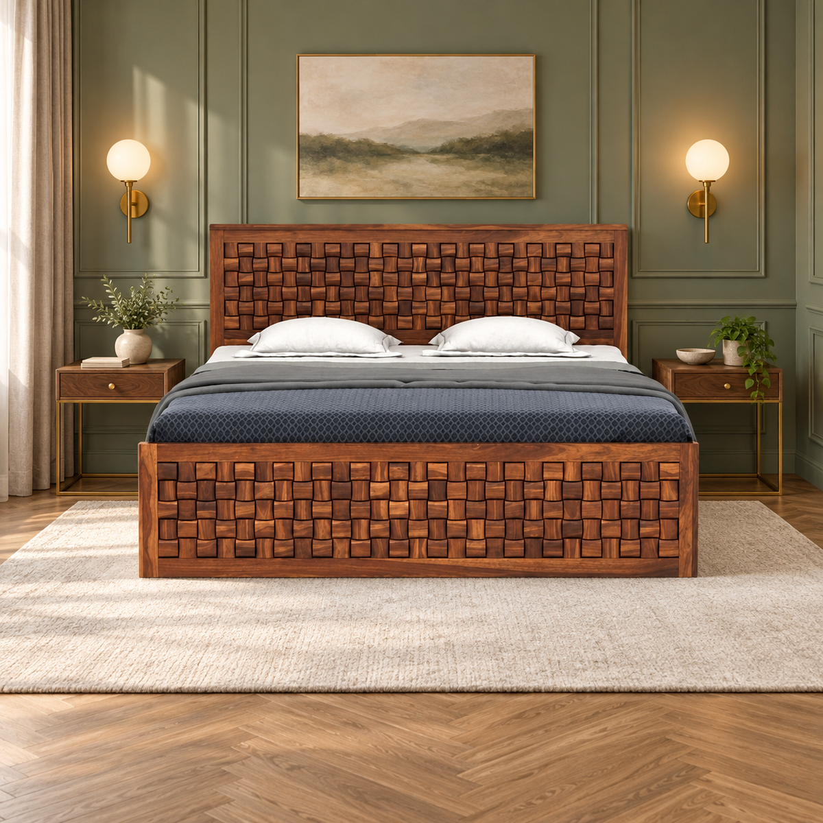 Checker Carved Storage Bed in a bedroom, front view
