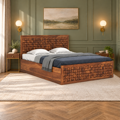 Checker Carved Storage Bed in a bedroom, side view