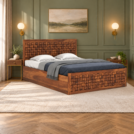 Checker Carved Storage Bed in a bedroom, side view