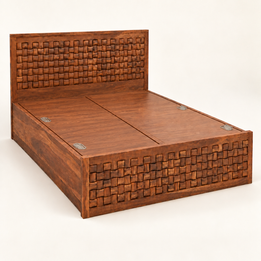 A medium brown wooden platform bed frame with a woven basket-style headboard and footboard, shown on a clean white background.
