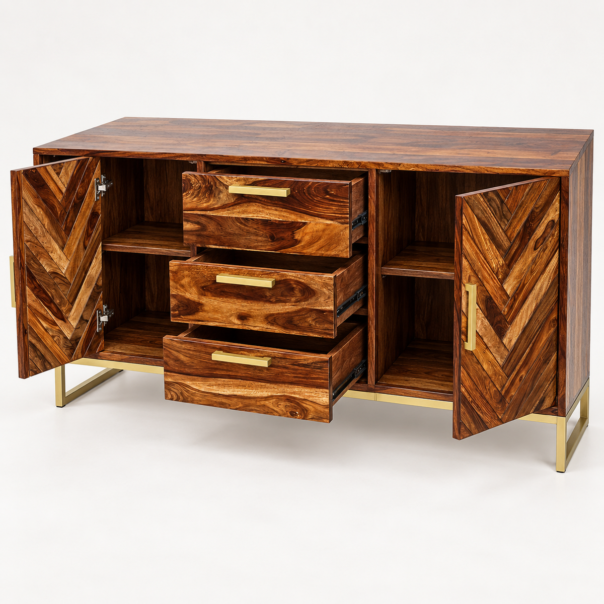Chevron Sheesham Wood Sideboard – storage open