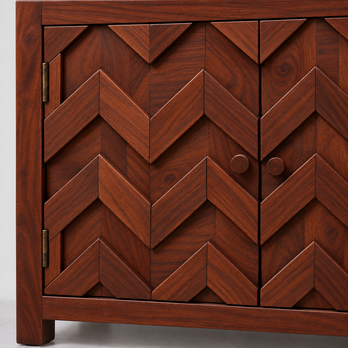 Chevron Wooden Sideboard with Three Drawers in rich mahogany finish – material and detail close-up