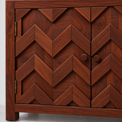 Chevron Wooden Sideboard with Three Drawers in rich mahogany finish – material and detail close-up
