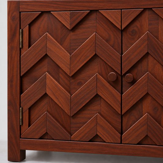 Chevron Wooden Sideboard with Three Drawers in rich mahogany finish – material and detail close-up