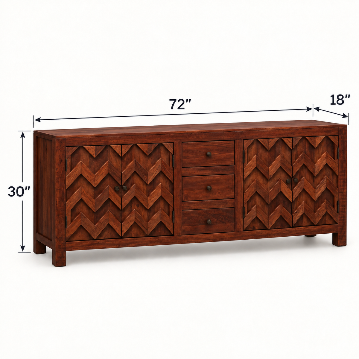 Chevron Wooden Sideboard with Three Drawers in rich mahogany finish – dimensions 72 × 18 × 30 inches, width × depth × height