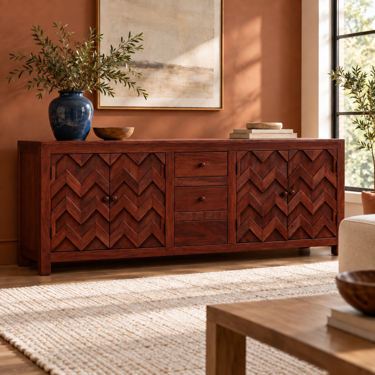 Chevron Wooden Sideboard with Three Drawers in rich mahogany finish – lifestyle setting