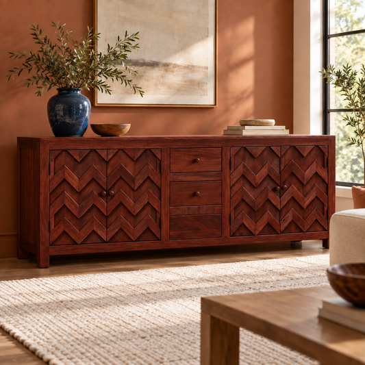 Chevron Wooden Sideboard with Three Drawers in rich mahogany finish – lifestyle setting