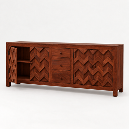 Chevron Wooden Sideboard with Three Drawers in rich mahogany finish – angled side studio view