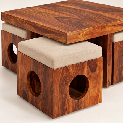 Circle-Cutout Centre Table with Four Beige Stools – wood and seat detail close-up