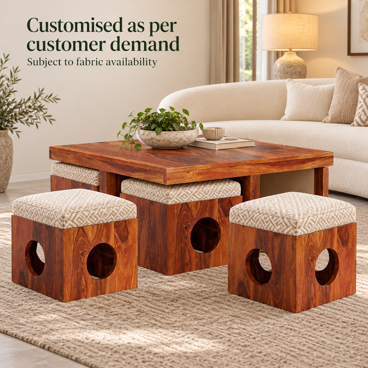 Circle-Cutout Centre Table with Four Beige Stools – designer-fabric customisation preview, subject to fabric availability
