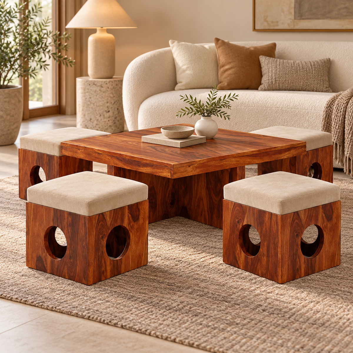 Circle-Cutout Centre Table with Four Beige Stools – front studio view with stools tucked in