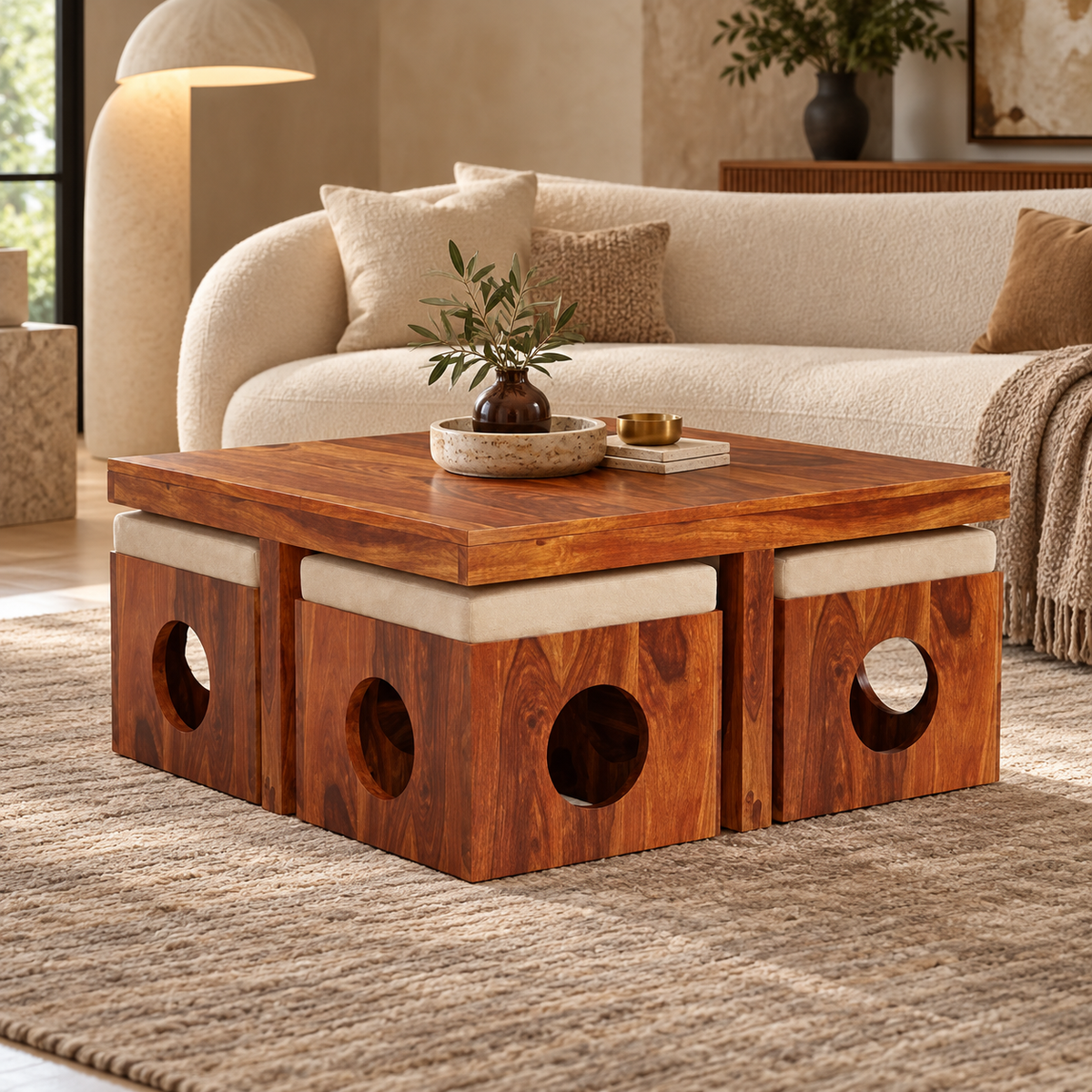 Circle-Cutout Centre Table with Four Beige Stools – in a styled living room