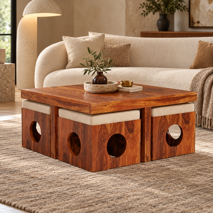Circle-Cutout Centre Table with Four Beige Stools – in a styled living room
